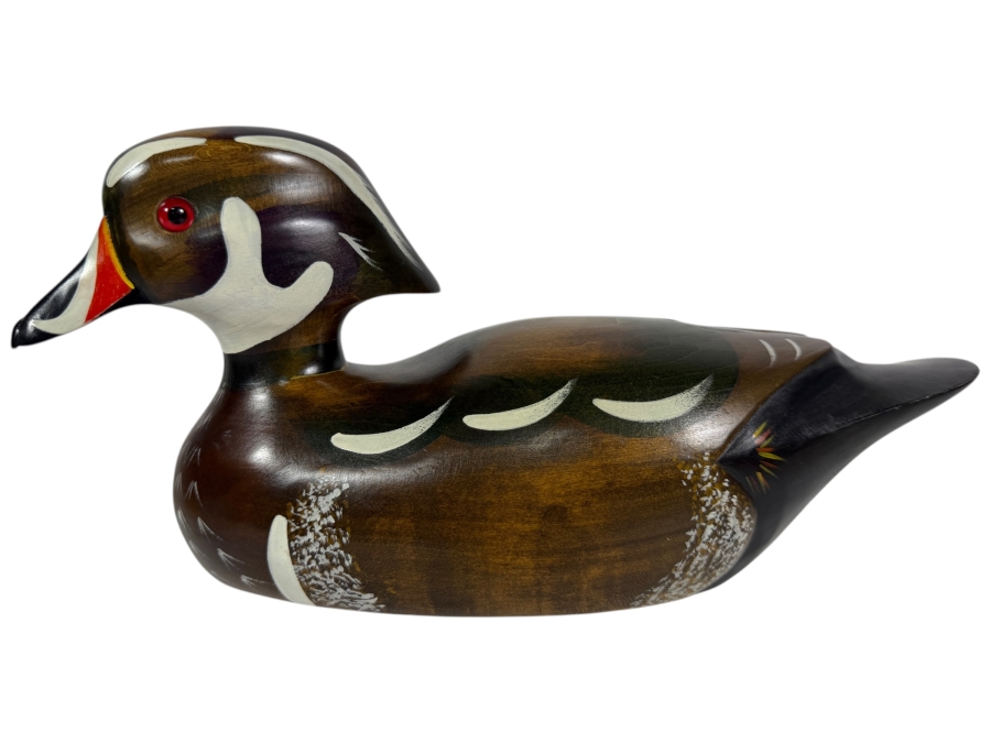 Vintage 1980 Signed P Korman The Wooden Bird Factory Hand Carved Wooden Wood Duck Drake Decoy Underside With Brand Mark 12'W X 6'H