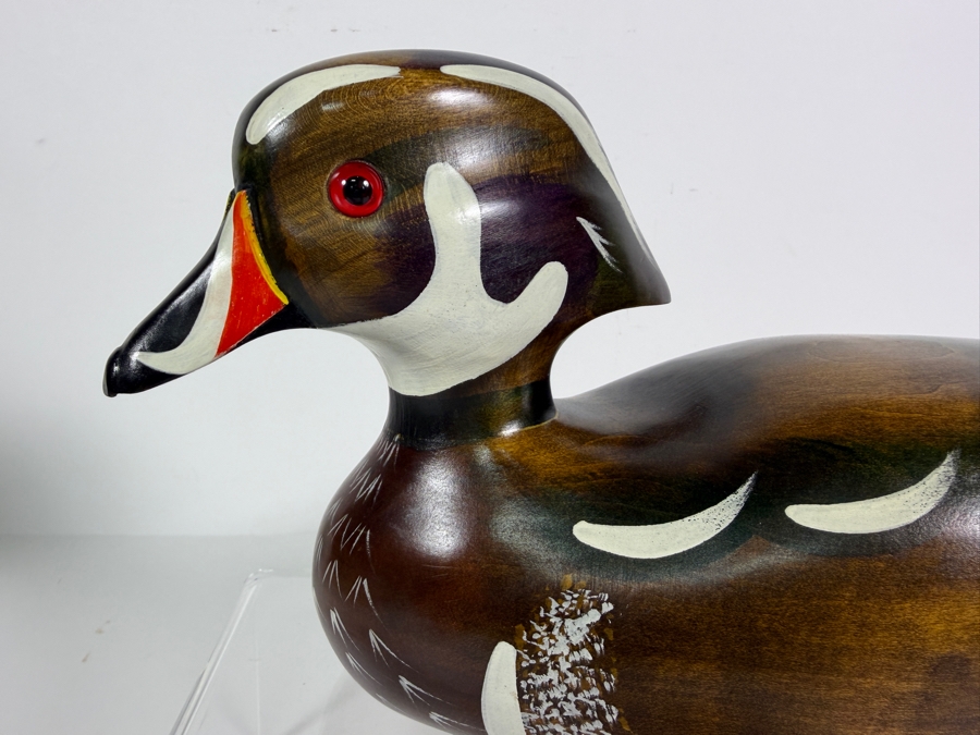 Vintage 1980 Signed P Korman The Wooden Bird Factory Hand Carved Wooden Wood Duck Drake Decoy Underside With Brand Mark 12'W X 6'H [Photo 2]