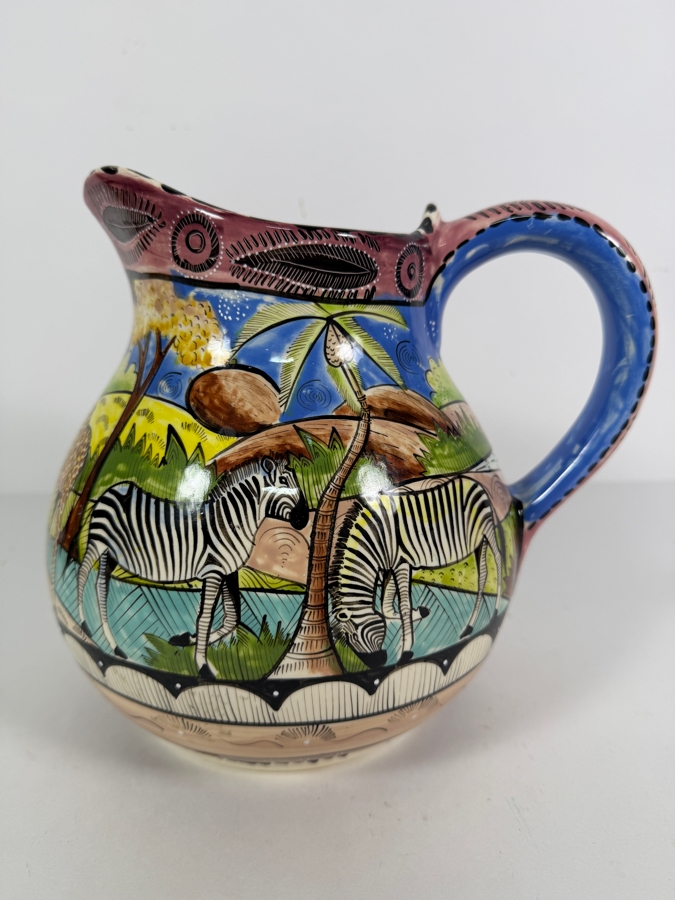 Hand Made And Painted In Zimbabwe By Kehnias For Penzo 06 Ceramic Safari Pitcher 8.5'H [Photo 4]