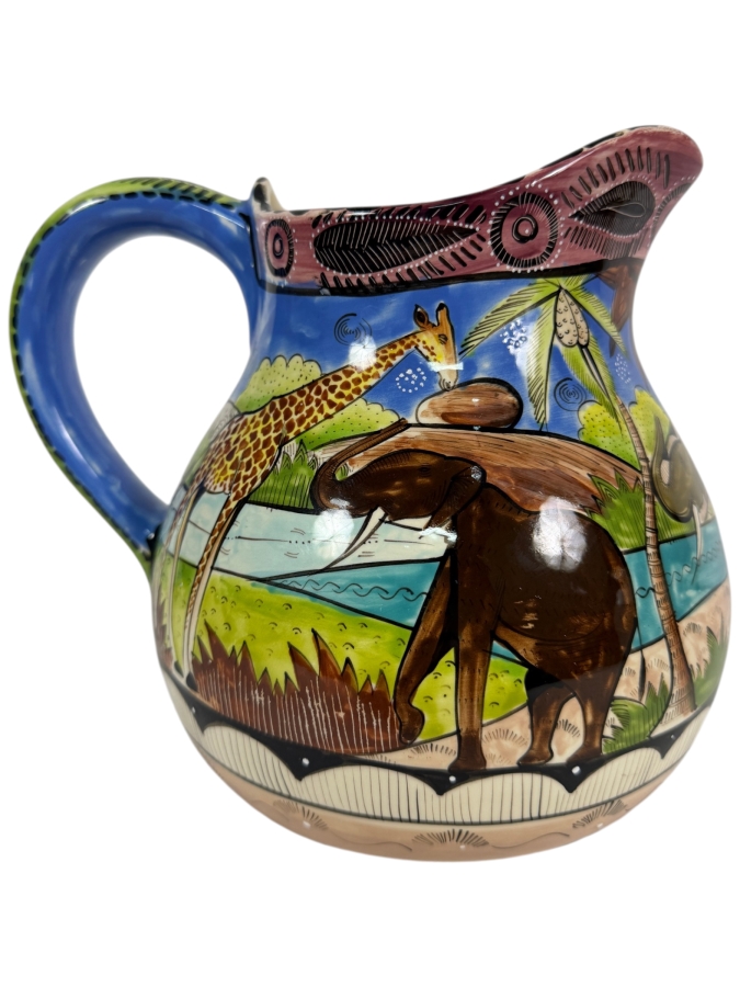 Hand Made And Painted In Zimbabwe By Kehnias For Penzo 06 Ceramic Safari Pitcher 8.5'H