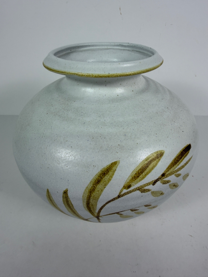 Vintage Mid Century Modern Studio Art Pottery Ovoid Vase Featuring Hand Painted Botanical Leaf Motif Made In USA 8'H [Photo 2]