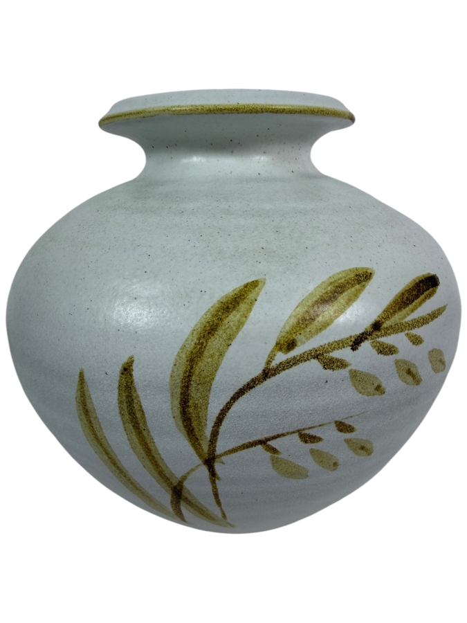 Vintage Mid Century Modern Studio Art Pottery Ovoid Vase Featuring Hand Painted Botanical Leaf Motif Made In USA 8'H