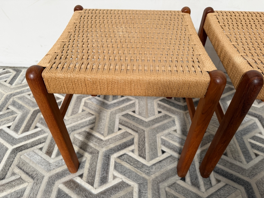 Pair of Vintage Danish Mid Century Modern Style Teak Stools Featuring Natural Woven Rope Seats by K. D. Furniture Manufactured by Sun Furniture 17W X 18D X 18H [Photo 7]