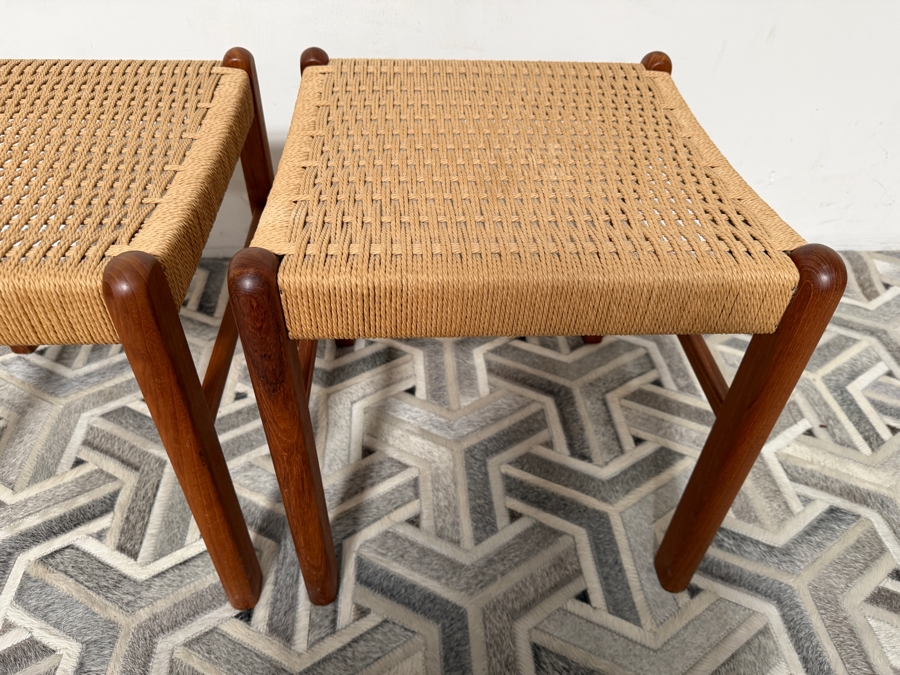 Pair of Vintage Danish Mid Century Modern Style Teak Stools Featuring Natural Woven Rope Seats by K. D. Furniture Manufactured by Sun Furniture 17W X 18D X 18H [Photo 8]