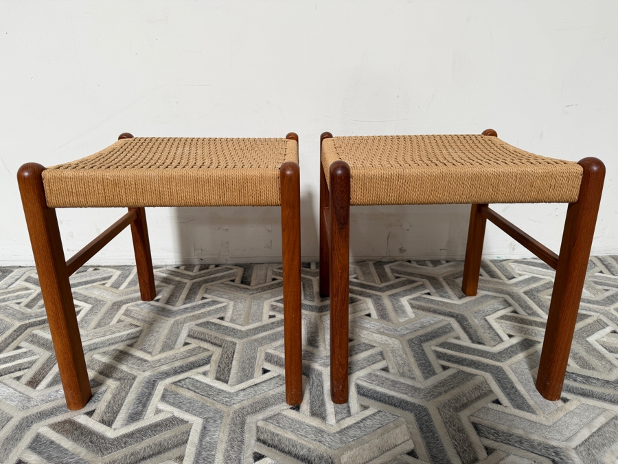 Pair of Vintage Danish Mid Century Modern Style Teak Stools Featuring Natural Woven Rope Seats by K. D. Furniture Manufactured by Sun Furniture 17W X 18D X 18H [Photo 5]