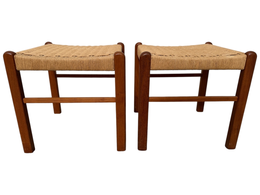 Pair of Vintage Danish Mid Century Modern Style Teak Stools Featuring Natural Woven Rope Seats by K. D. Furniture Manufactured by Sun Furniture 17W X 18D X 18H