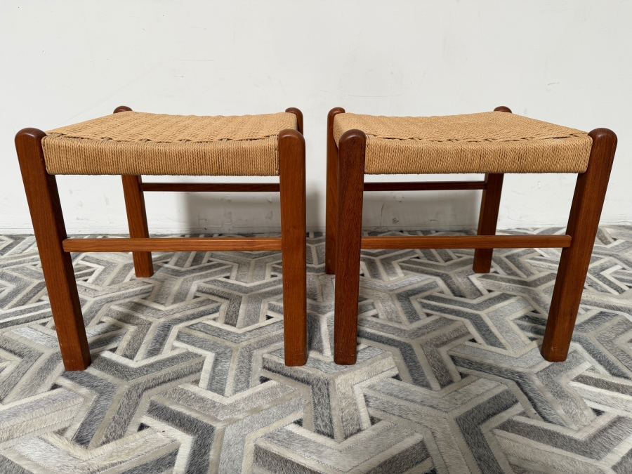 Pair of Vintage Danish Mid Century Modern Style Teak Stools Featuring Natural Woven Rope Seats by K. D. Furniture Manufactured by Sun Furniture 17W X 18D X 18H [Photo 2]