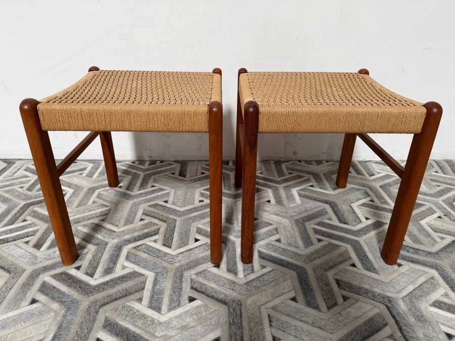 Pair of Vintage Danish Mid Century Modern Style Teak Stools Featuring Natural Woven Rope Seats by K. D. Furniture Manufactured by Sun Furniture 17W X 18D X 18H [Photo 4]