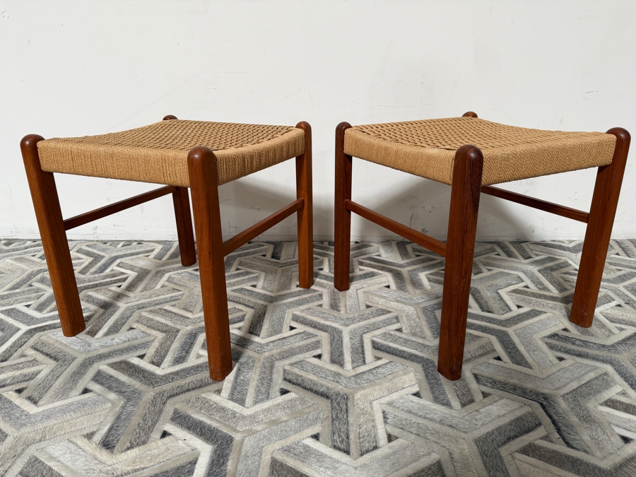 Pair of Vintage Danish Mid Century Modern Style Teak Stools Featuring Natural Woven Rope Seats by K. D. Furniture Manufactured by Sun Furniture 17W X 18D X 18H [Photo 3]