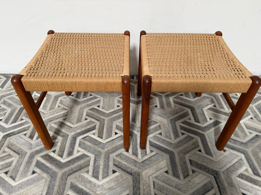 Pair of Vintage Danish Mid Century Modern Style Teak Stools Featuring Natural Woven Rope Seats by K. D. Furniture Manufactured by Sun Furniture 17W X 18D X 18H [Photo 6]