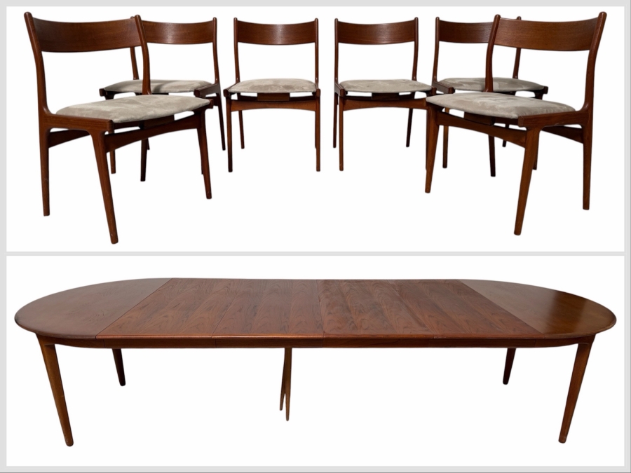 Vintage Danish Mid-Century Modern Henning Kjaernulf Model 62 Dining Table for Sorø Stolefabrik in Denmark 49'W X (128'L with Leaves / 49'L without Leaves) X 29'H with (6) Danish Modern Teak Dining Chairs Attributed to Johannes Andersen for Bramin Mobler