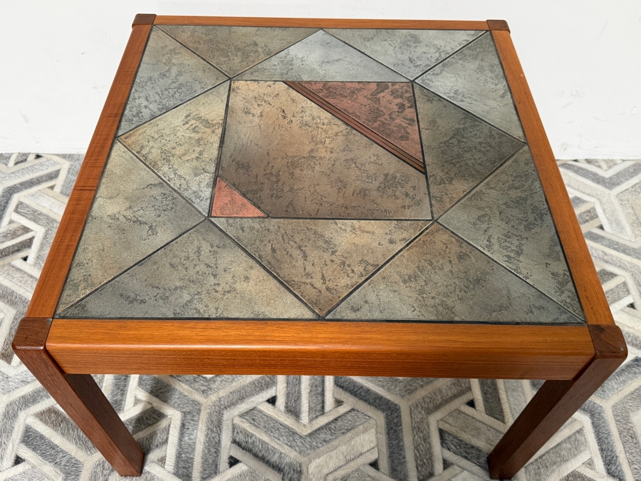 Vintage Danish Mid-Century Modern Side Table Designed by Gangso Mobler Featuring a Teak Wood Frame and an Inlaid Geometric Slate Tile Top 27W X 27D X 19H [Photo 5]