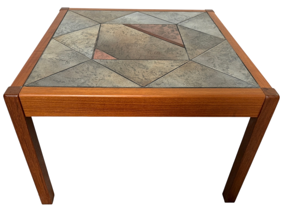 Vintage Danish Mid-Century Modern Side Table Designed by Gangso Mobler Featuring a Teak Wood Frame and an Inlaid Geometric Slate Tile Top 27W X 27D X 19H