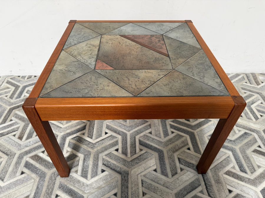 Vintage Danish Mid-Century Modern Side Table Designed by Gangso Mobler Featuring a Teak Wood Frame and an Inlaid Geometric Slate Tile Top 27W X 27D X 19H [Photo 4]