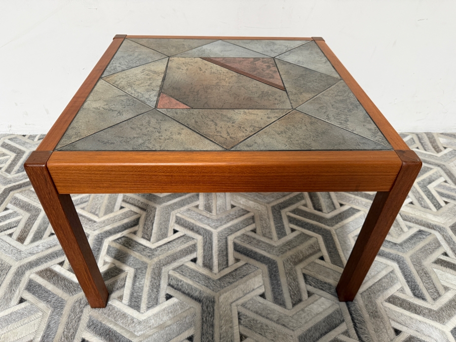 Vintage Danish Mid-Century Modern Side Table Designed by Gangso Mobler Featuring a Teak Wood Frame and an Inlaid Geometric Slate Tile Top 27W X 27D X 19H [Photo 3]