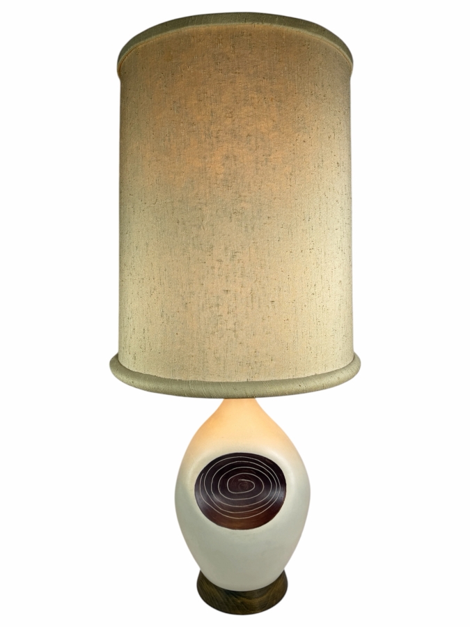 Very Large Mid-Century Modern Ceramic Ovoid Table Lamp With Incised Sgraffito Spiral Medallion 42'H