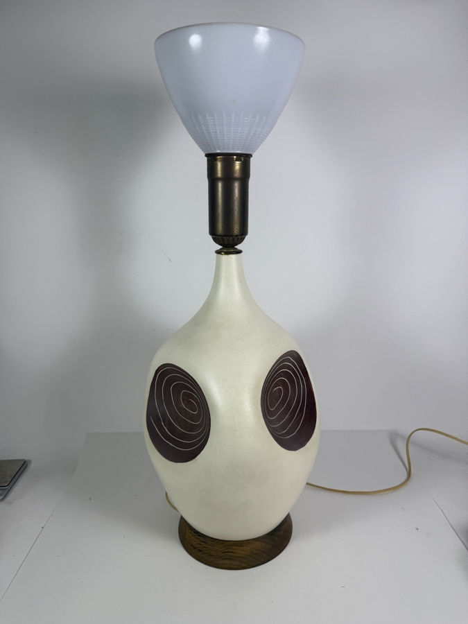 Very Large Mid-Century Modern Ceramic Ovoid Table Lamp With Incised Sgraffito Spiral Medallion 42'H [Photo 5]