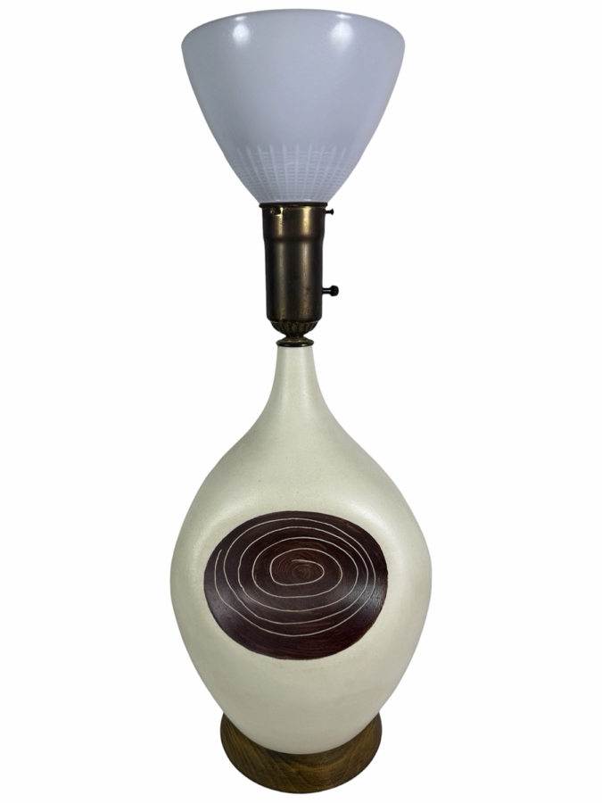 Very Large Mid-Century Modern Ceramic Ovoid Table Lamp With Incised Sgraffito Spiral Medallion 42'H [Photo 3]