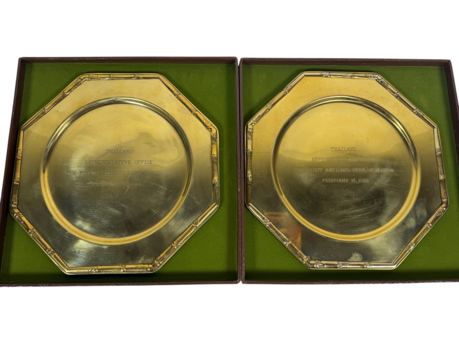 Pair Of First National Bank Of Boston Thailand Representative Office Commemorative Brass Plates