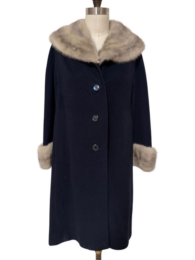 Vintage Navy Cashmere Long Overcoat With Gray Mink Fur Collar And Cuffs 16'W X 43'L