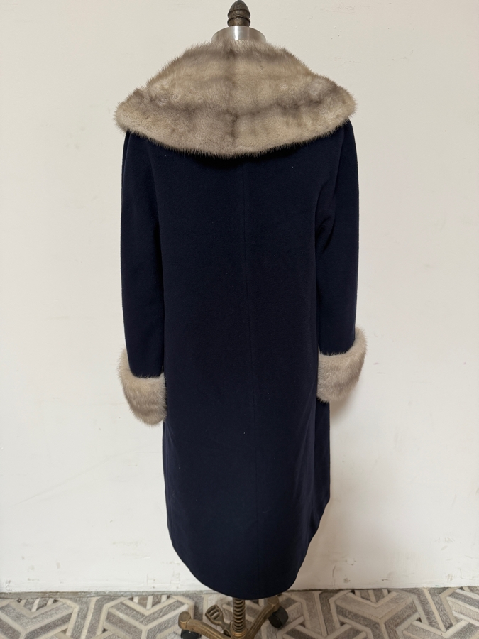 Vintage Navy Cashmere Long Overcoat With Gray Mink Fur Collar And Cuffs 16'W X 43'L [Photo 4]