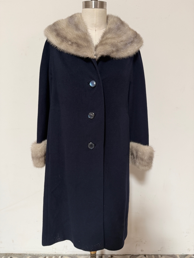 Vintage Navy Cashmere Long Overcoat With Gray Mink Fur Collar And Cuffs 16'W X 43'L [Photo 2]