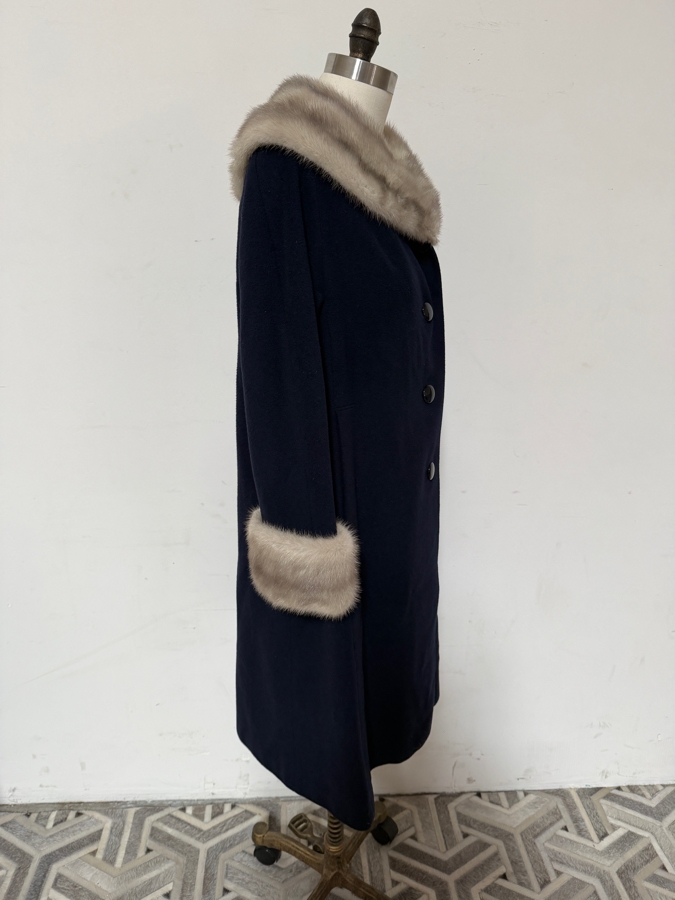 Vintage Navy Cashmere Long Overcoat With Gray Mink Fur Collar And Cuffs 16'W X 43'L [Photo 3]