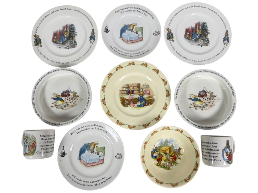 Ten Piece Lot Vintage Wedgwood and Royal Doulton Beatrix Potter and Peter Rabbit Ceramic Nurseryware Dishes