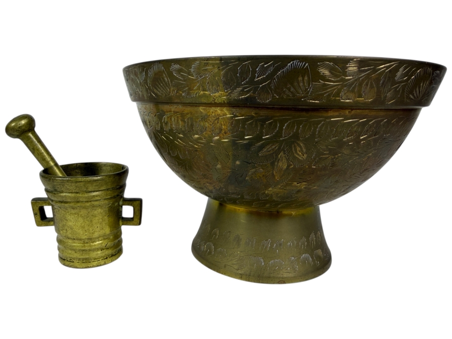 Vintage Etched Brass Pedestal Bowl And Miniature Brass Mortar And Pestle Set Bowl: 8'W X 5'H