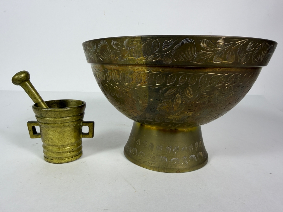 Vintage Etched Brass Pedestal Bowl And Miniature Brass Mortar And Pestle Set Bowl: 8'W X 5'H [Photo 2]