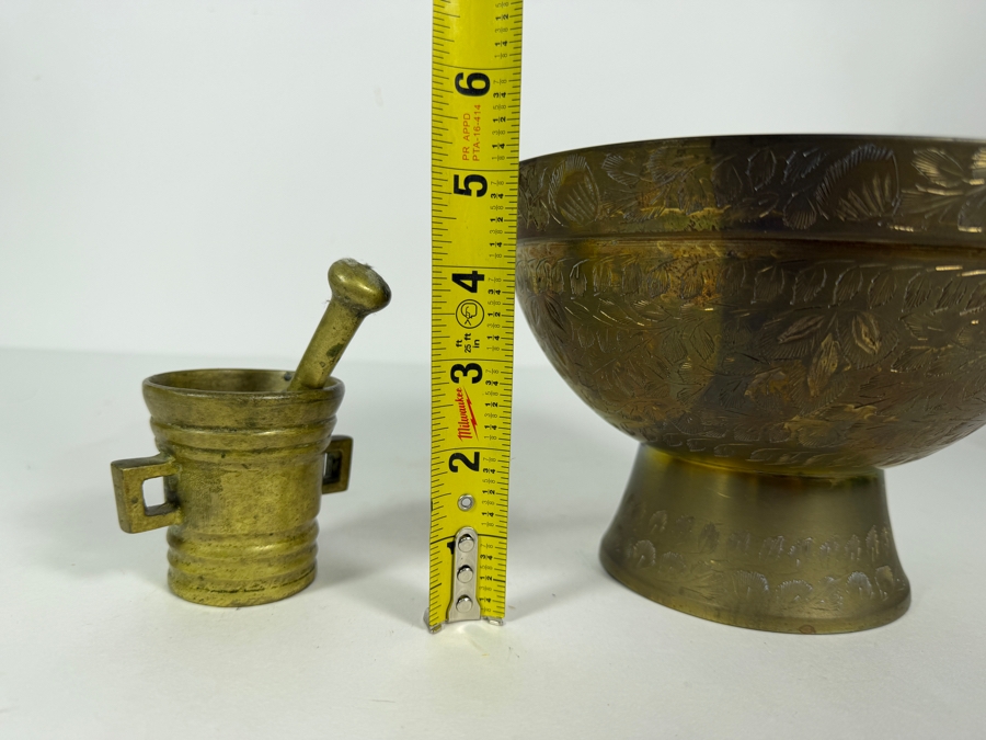 Vintage Etched Brass Pedestal Bowl And Miniature Brass Mortar And Pestle Set Bowl: 8'W X 5'H [Photo 10]