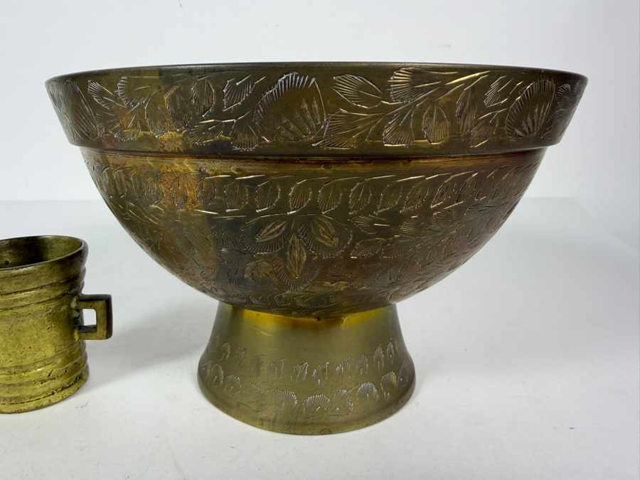 Vintage Etched Brass Pedestal Bowl And Miniature Brass Mortar And Pestle Set Bowl: 8'W X 5'H [Photo 3]