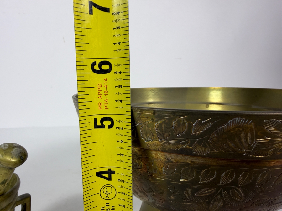 Vintage Etched Brass Pedestal Bowl And Miniature Brass Mortar And Pestle Set Bowl: 8'W X 5'H [Photo 9]