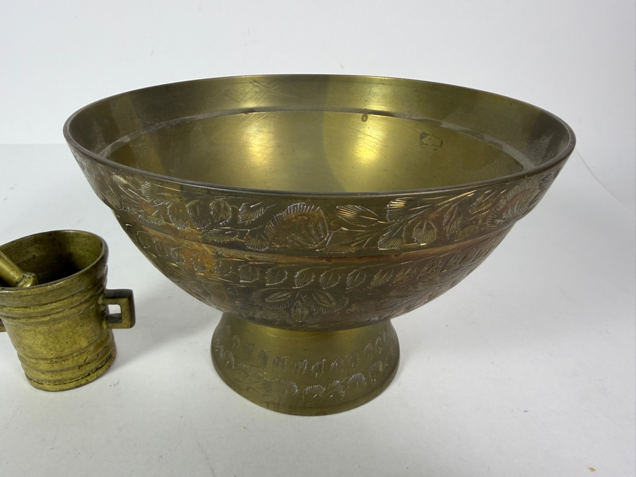 Vintage Etched Brass Pedestal Bowl And Miniature Brass Mortar And Pestle Set Bowl: 8'W X 5'H [Photo 4]