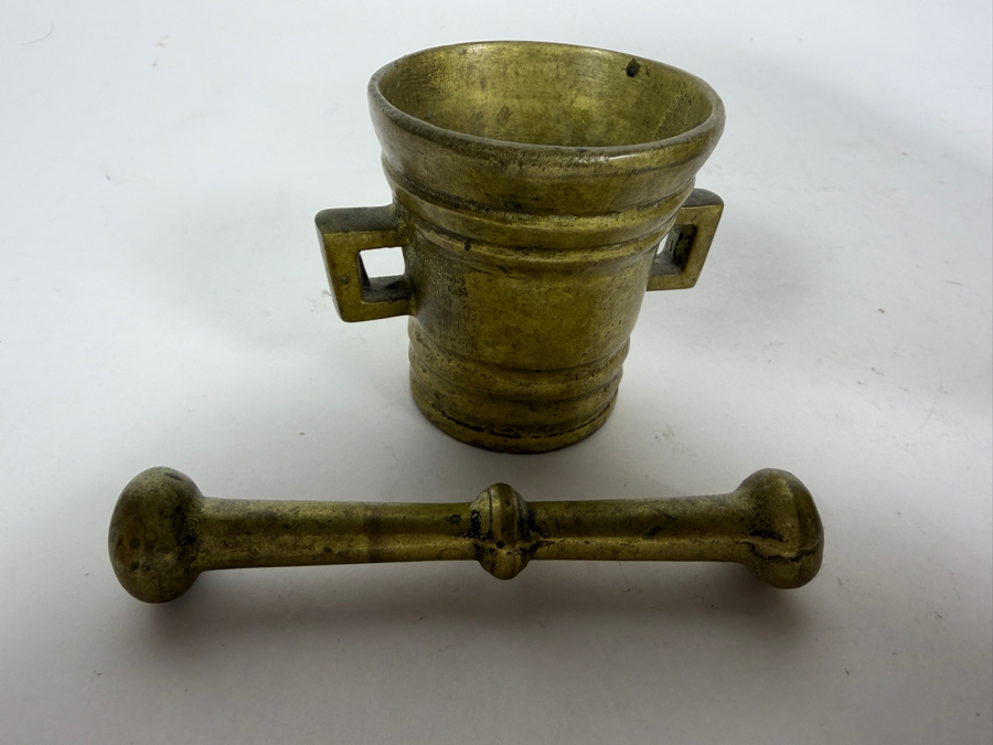 Vintage Etched Brass Pedestal Bowl And Miniature Brass Mortar And Pestle Set Bowl: 8'W X 5'H [Photo 7]