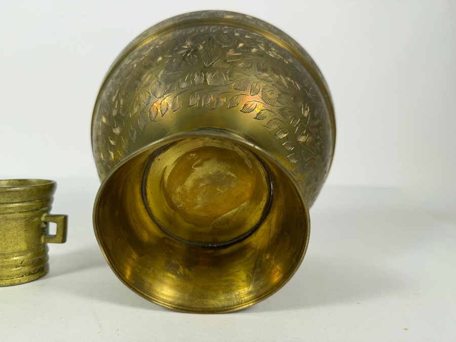 Vintage Etched Brass Pedestal Bowl And Miniature Brass Mortar And Pestle Set Bowl: 8'W X 5'H [Photo 6]