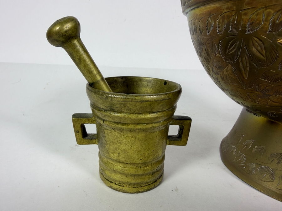 Vintage Etched Brass Pedestal Bowl And Miniature Brass Mortar And Pestle Set Bowl: 8'W X 5'H [Photo 5]