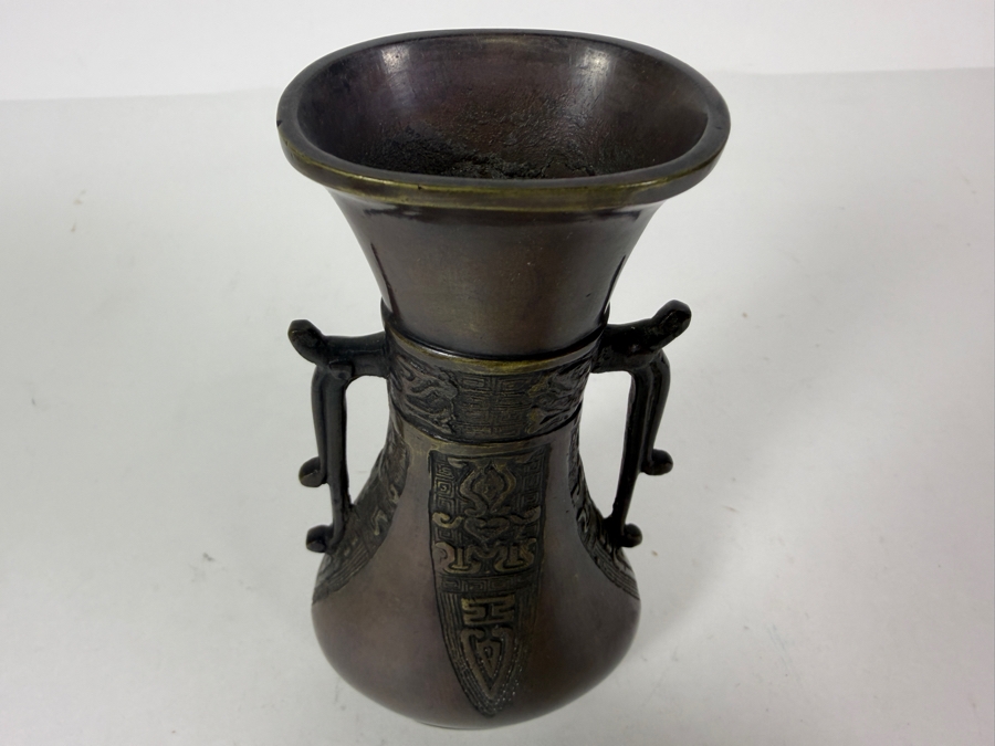 Antique Chinese Archaistic Style Patinated Bronze Hu Vase With Stylized Dragon Handles 6.75'H [Photo 7]