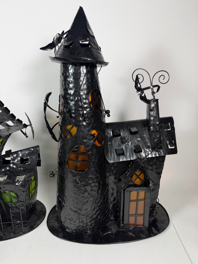 Set Of 2 Vintage Midwest Of Cannon Falls Hammered Metal Halloween Haunted House Tealight Candle Holders 16'H - 22'H [Photo 4]