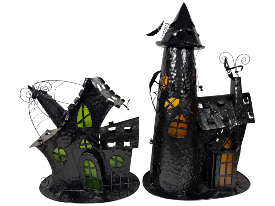 Set Of 2 Vintage Midwest Of Cannon Falls Hammered Metal Halloween Haunted House Tealight Candle Holders 16'H - 22'H