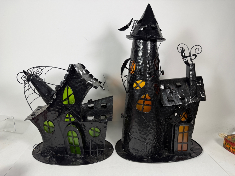 Set Of 2 Vintage Midwest Of Cannon Falls Hammered Metal Halloween Haunted House Tealight Candle Holders 16'H - 22'H [Photo 2]