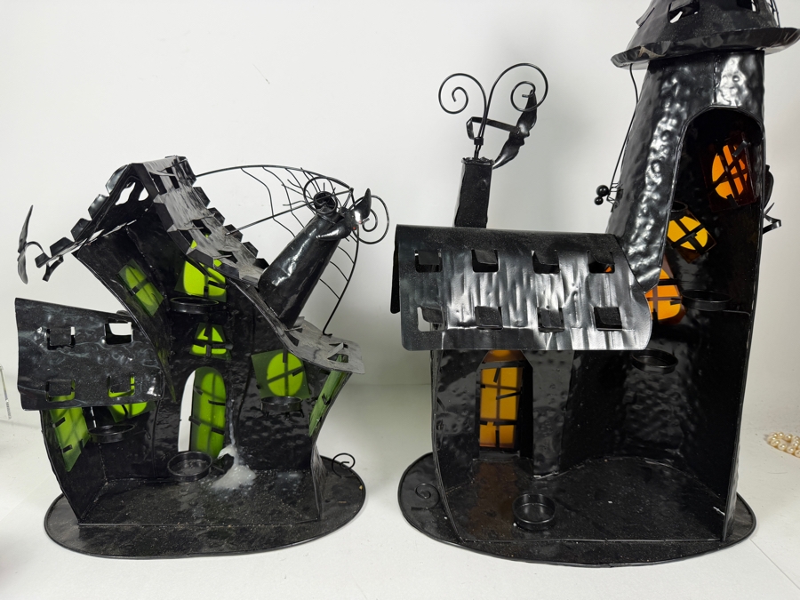 Set Of 2 Vintage Midwest Of Cannon Falls Hammered Metal Halloween Haunted House Tealight Candle Holders 16'H - 22'H [Photo 7]