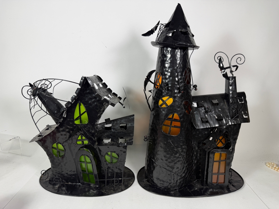 Set Of 2 Vintage Midwest Of Cannon Falls Hammered Metal Halloween Haunted House Tealight Candle Holders 16'H - 22'H [Photo 3]