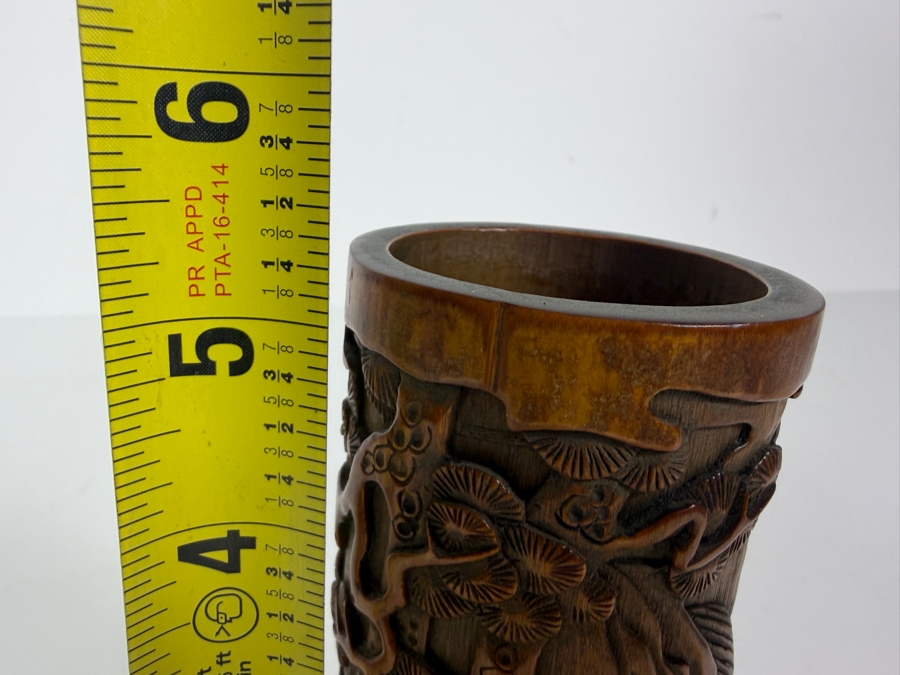 Antique Chinese Hand Carved Bamboo Bitong Brush Pot Depicting Scholars In A Pine Grove Landscape 5.5'H [Photo 10]
