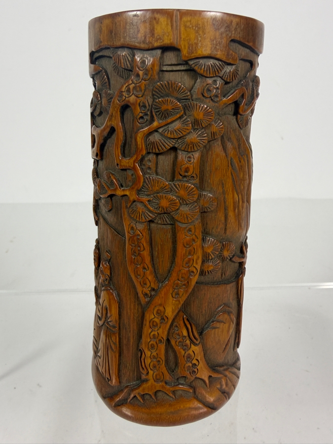 Antique Chinese Hand Carved Bamboo Bitong Brush Pot Depicting Scholars In A Pine Grove Landscape 5.5'H [Photo 6]
