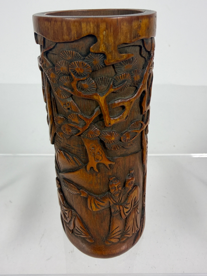Antique Chinese Hand Carved Bamboo Bitong Brush Pot Depicting Scholars In A Pine Grove Landscape 5.5'H [Photo 2]
