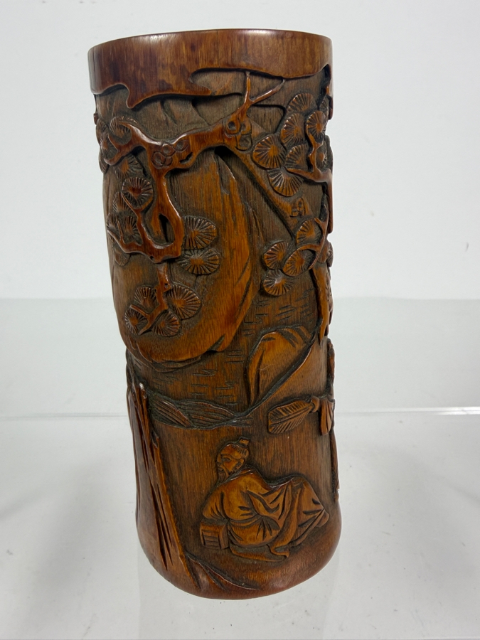 Antique Chinese Hand Carved Bamboo Bitong Brush Pot Depicting Scholars In A Pine Grove Landscape 5.5'H [Photo 4]
