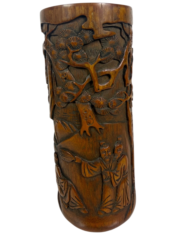 Antique Chinese Hand Carved Bamboo Bitong Brush Pot Depicting Scholars In A Pine Grove Landscape 5.5'H