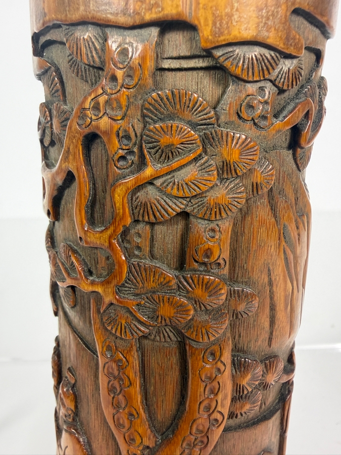 Antique Chinese Hand Carved Bamboo Bitong Brush Pot Depicting Scholars In A Pine Grove Landscape 5.5'H [Photo 7]