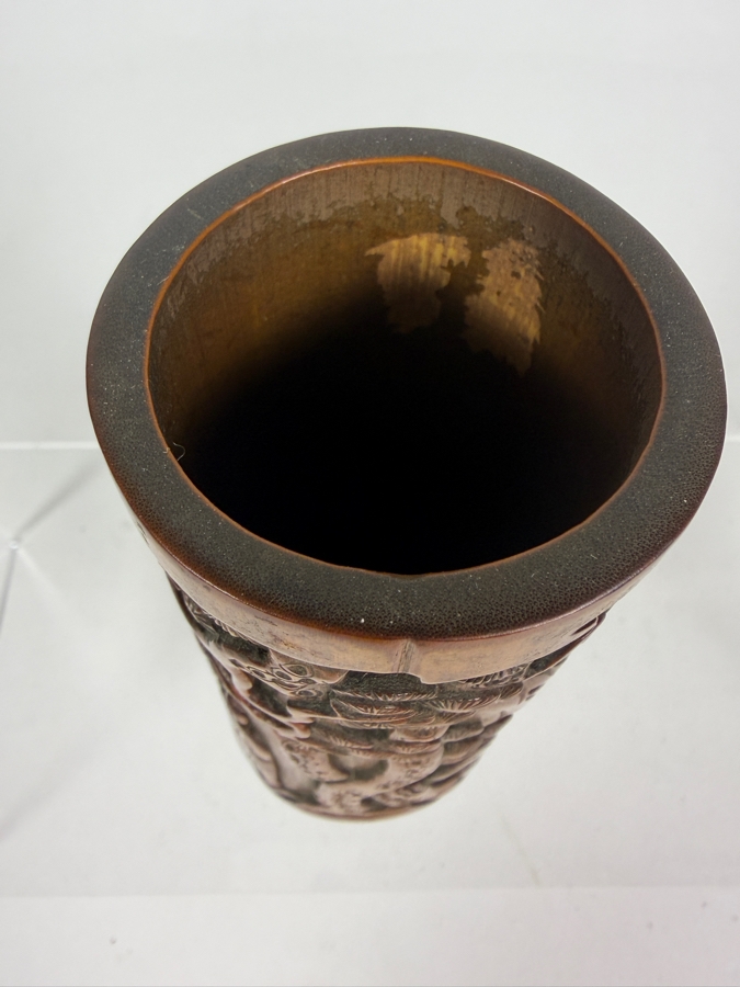 Antique Chinese Hand Carved Bamboo Bitong Brush Pot Depicting Scholars In A Pine Grove Landscape 5.5'H [Photo 8]